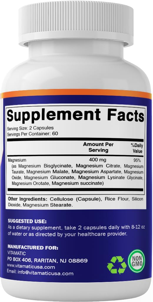 Vitamatic Magnesium Complex, 400mg Elemental MG (as Bisglycinate, Citrate, Taurate, Malate, Aspartate, Oxide, Gluconate, Lysinate Glycinate, Orotate, Succinate) – 120 Capsules Vitamatic buy supplements Au