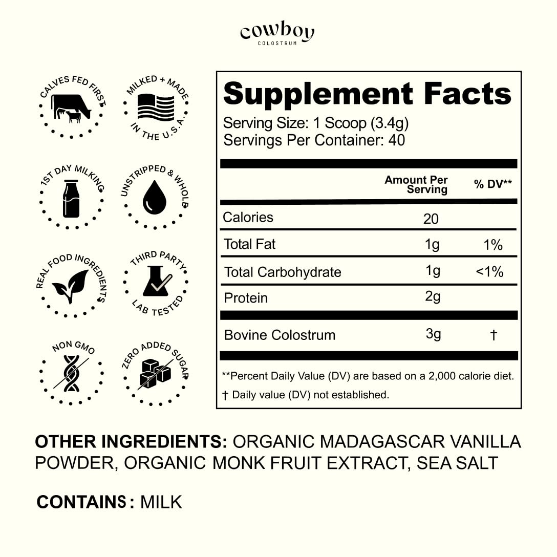 Cowboy - The Exclusive 1st Milking, Whole, Grass Fed Colostrum Supplement for Full Body Health - Bovine Colostrum Powder Packed w/Bioactive Nutrients - Sugar Free (Vanilla, 40 Servings) COWBOY COLOSTRUM buy supplements Au