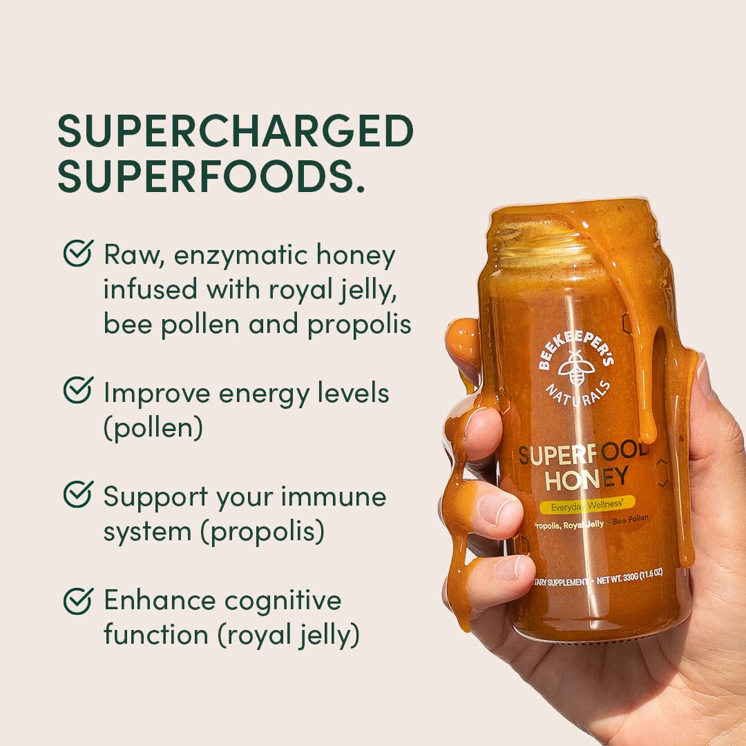 Superfood Honey by Beekeeper's Naturals - Bee Pollen, Royal Jelly, Propolis, Honey - Natural Energy, Immune Support