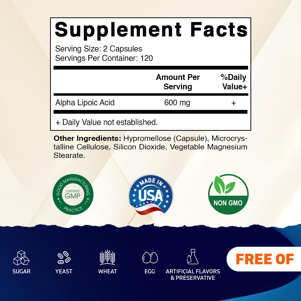 Vitamatic Alpha Lipoic Acid (ALA) 600mg Per Serving - 240 Vegetable Capsules - 120 Servings - Non-GMO & Gluten Free