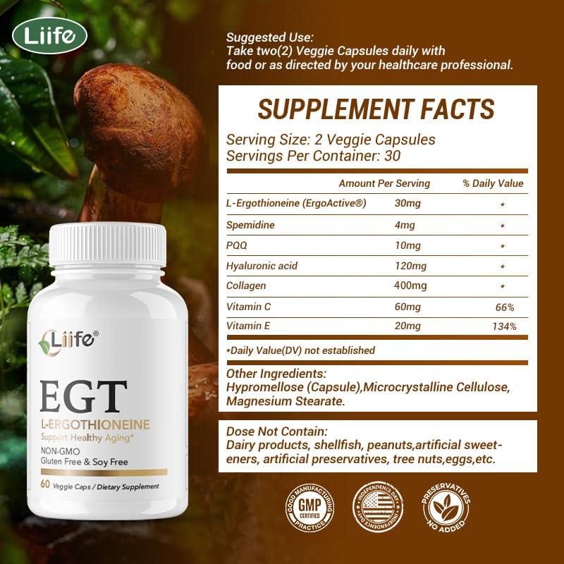 LIIFE L-Ergothioneine Supplement (EGT) 30mg,Compound Antioxidant Supplement (May Support Longevity and Healthy Aging) Promotes Skin Health,60 Capsules,Non-GMO, Gluten Free, Vegan Safe LIIFE buy supplements Au