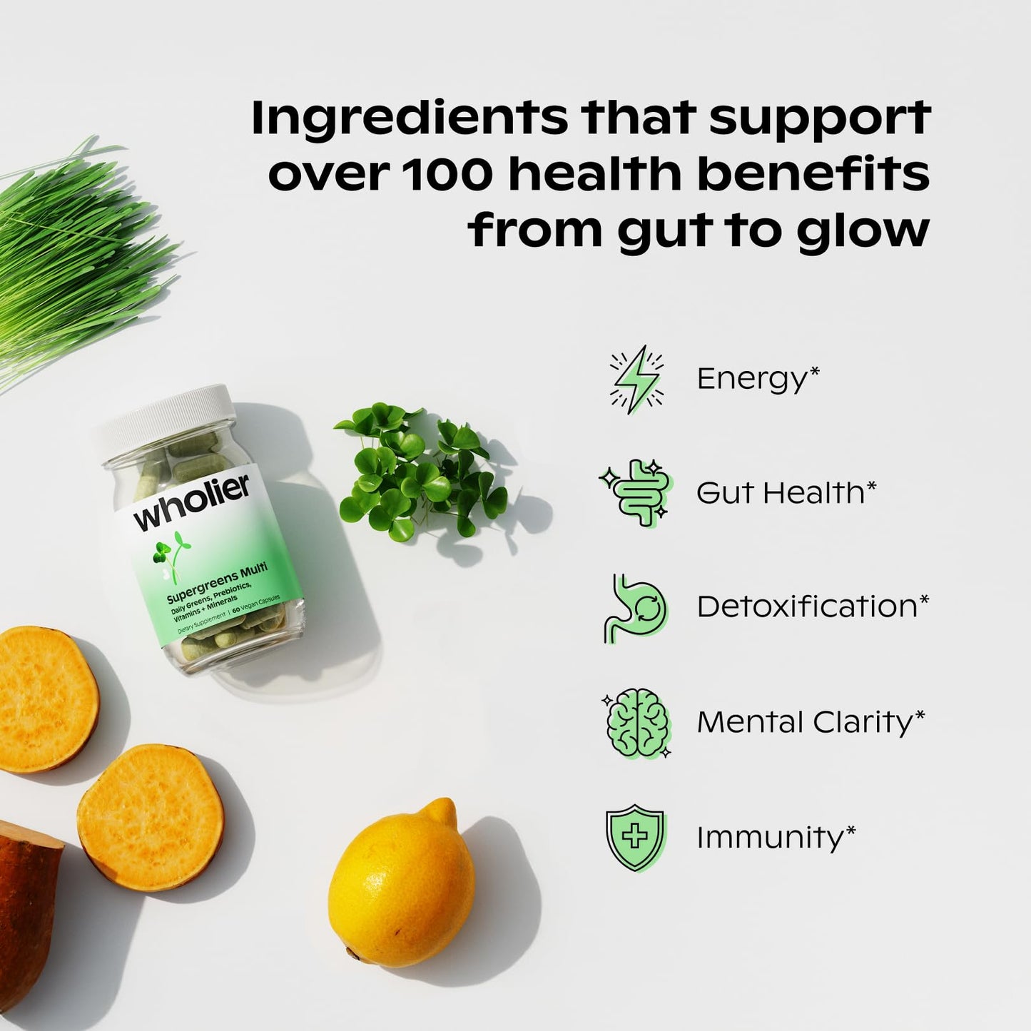 wholier Supergreens Multi, Daily Greens, Vegan Multivitamin for Women + Men, Whole Food Vitamins + Minerals, Prebiotics for Gut Health, Adaptogens (60 Vegan Capsules) Glass Bottle wholier buy supplements Au