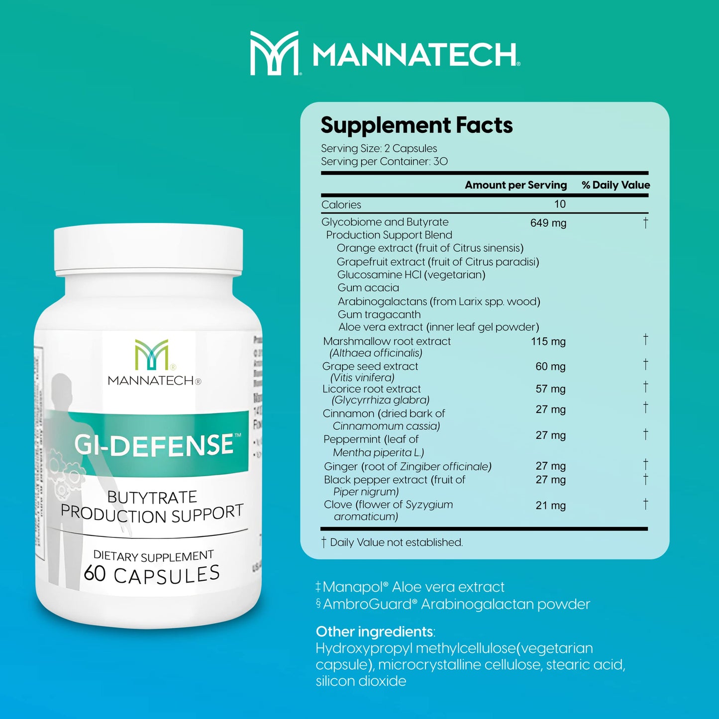 Mannatech Butyrate Supplement - Supports Gut Barrier Function, Intestinal Health, and Digestive Comfort - Promotes Short Chain Fatty Acid Production, Immune Support Supplement GI-Defense 60 Capsules Mannatech buy supplements Au