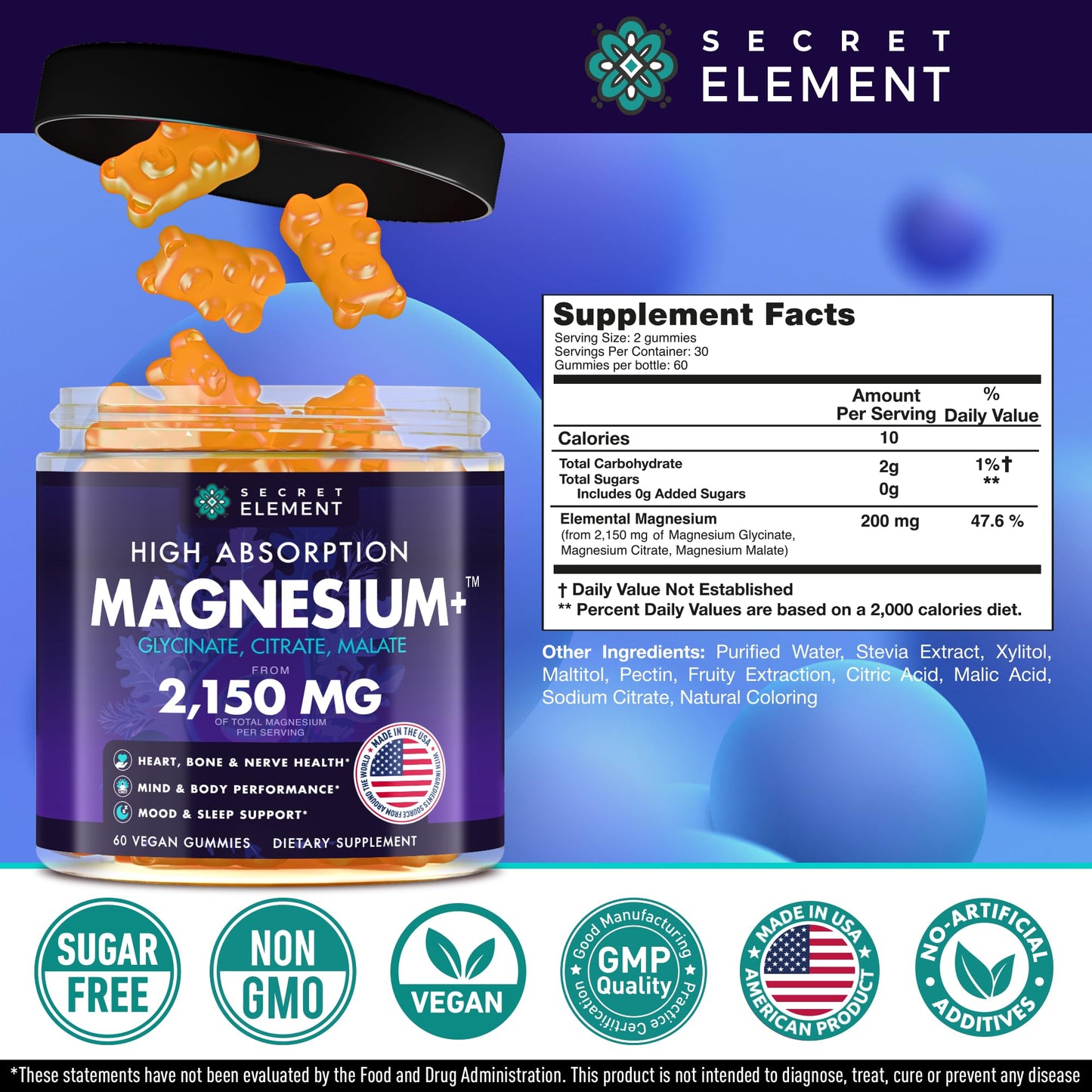 Secret Element Magnesium Glycinate 2150MG Gummies for Women and Men, High Absorption Magnesium Glycinate, Citrate, Malate Gummies for Adults & Kids, Sleep Support, Sugar Free, Vegan, 60 Chews, Orange Secret Element buy supplements Au