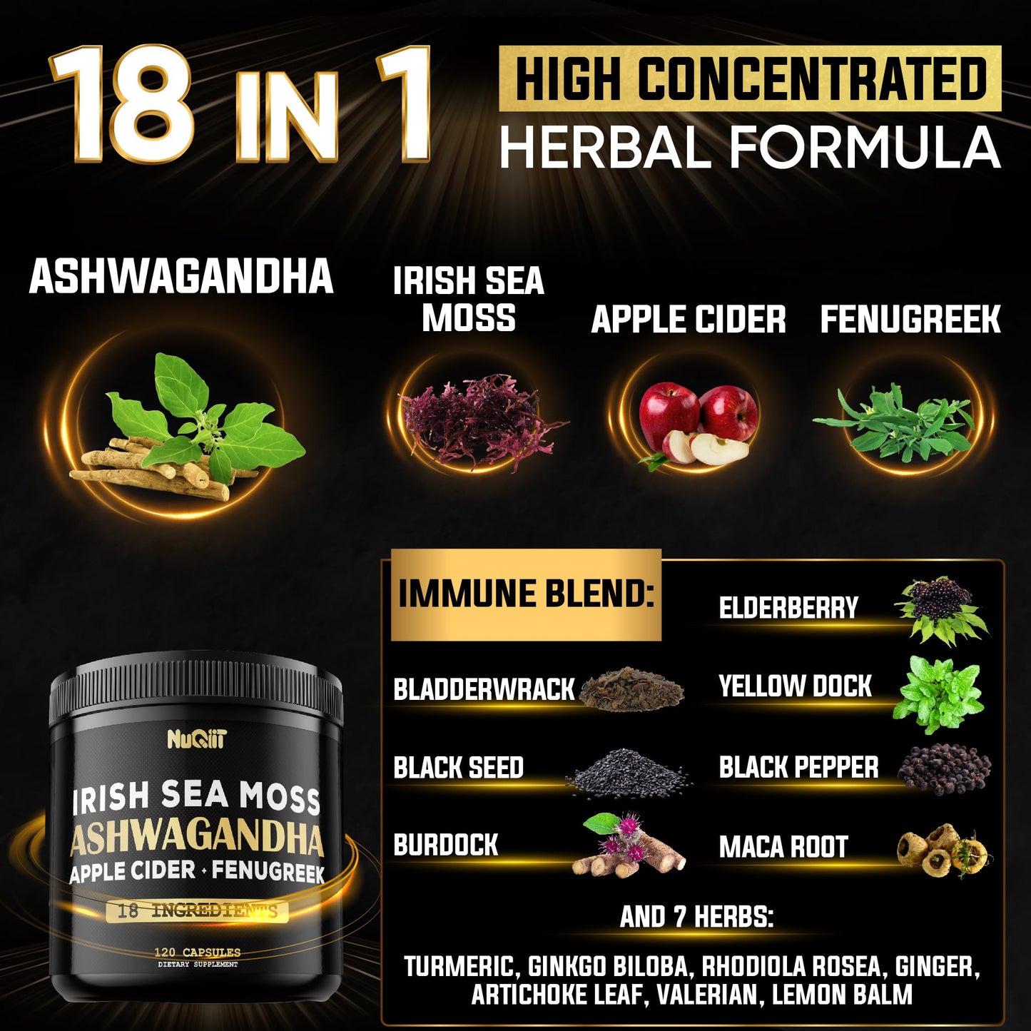 NUQIIT Organic Ashwangdha Capsules 15000mg Irish Sea Moss Apple Cider Vinegar & More - Support Brain Health, Strength & Immune System - 120 Vegan Capsules NUQIIT buy supplements Au