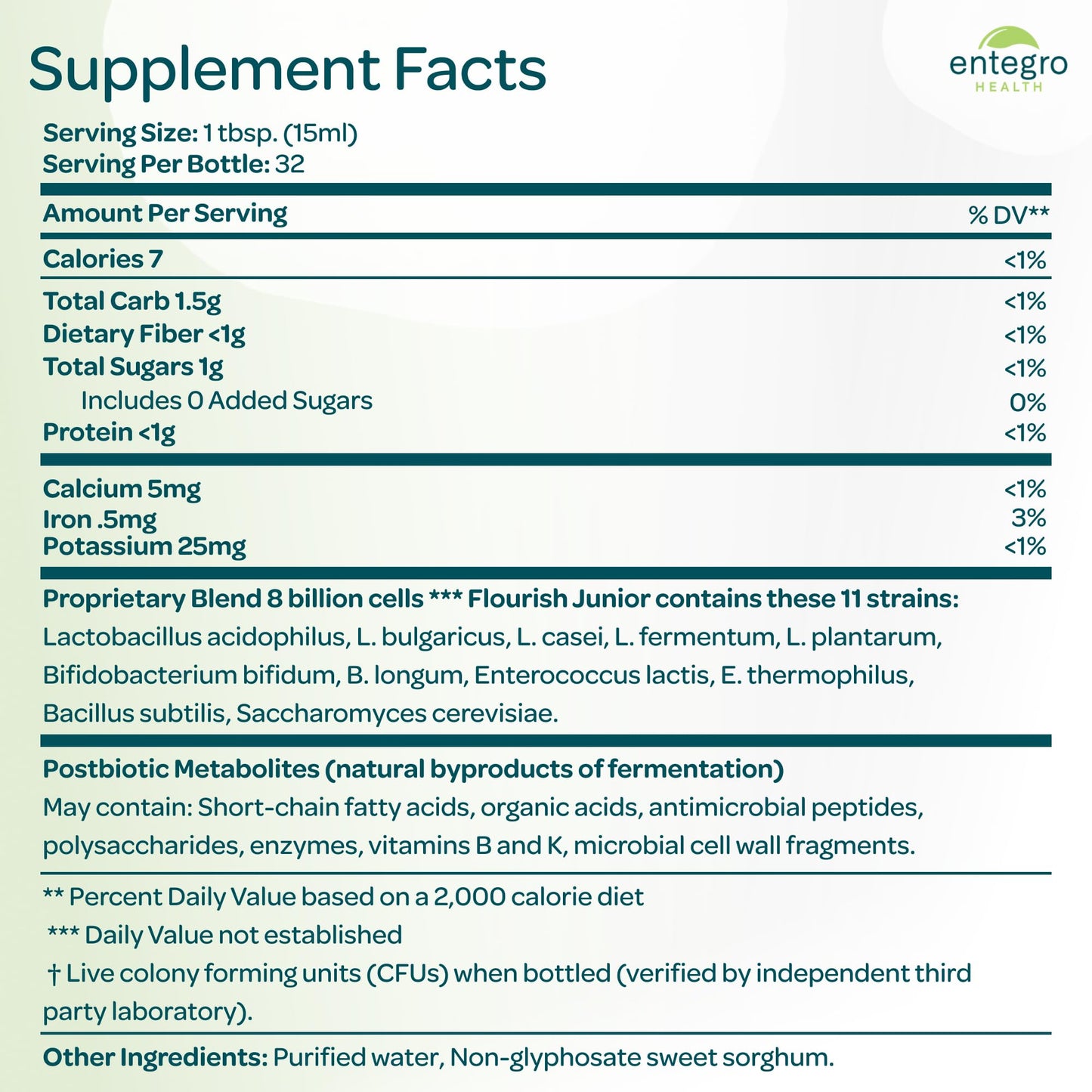 ENTEGRO Flourish Junior Liquid Probiotic & Postbiotic Supplement - Glass | 11 Live Cultures | Gut & Digestive Health for Women, Men & Kids | Organic, Vegan, Allergen Free | USA Made | 16 fl oz
