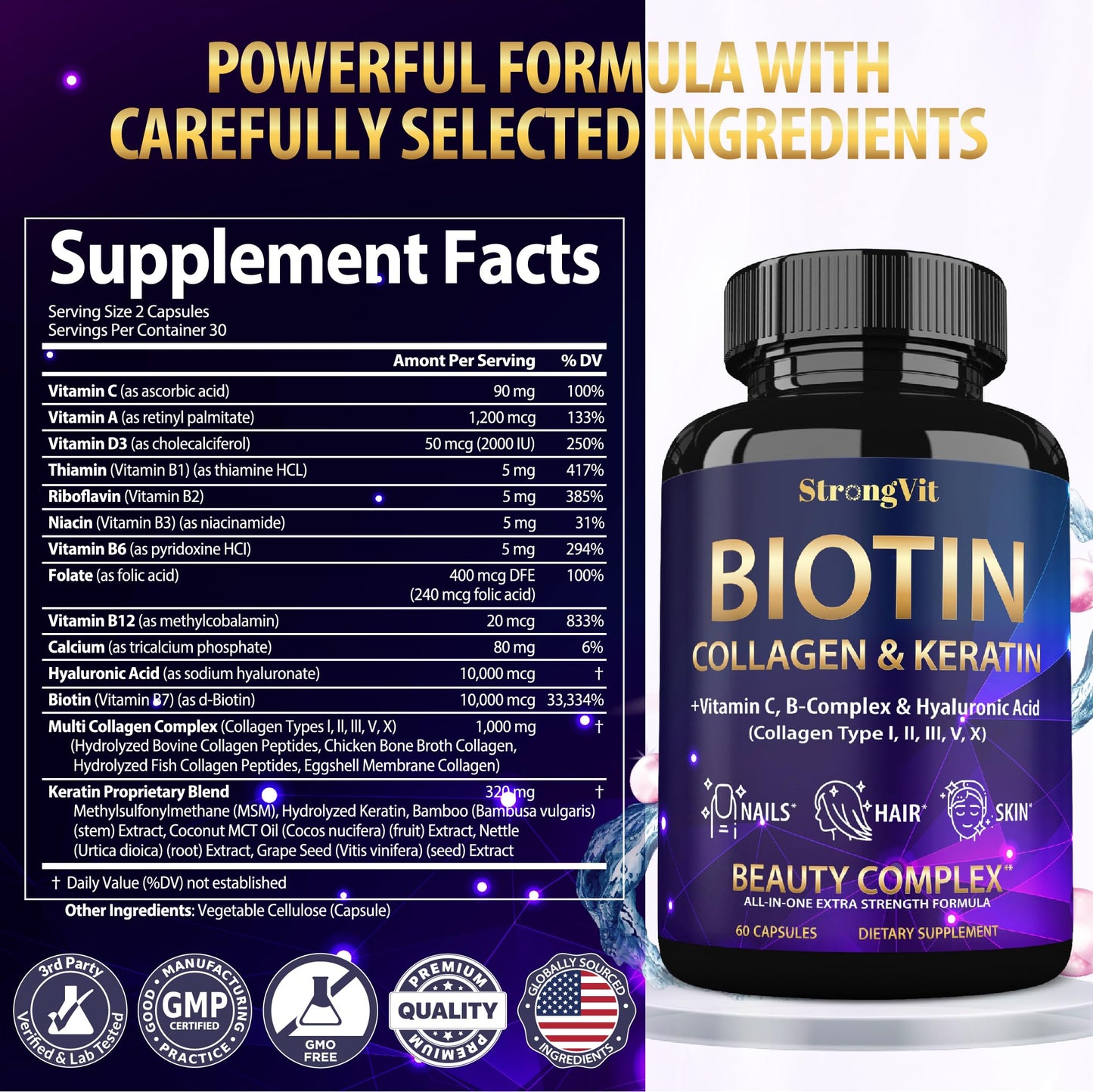 StrongVit Biotin with Hyaluronic Acid, Keratin and Collagen Supplements - 10000mcg for Hair Growth Women and Men