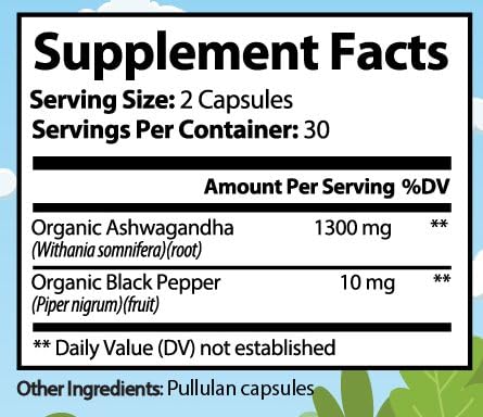 Premium Organic Ashwagandha with Black Pepper - 1300mg per Serving, 60 Capsules - Made in USA, FDA Registered Facility - Enhanced Absorption with Piperine for Optimal Performance Organic Strength buy supplements Au