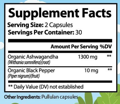Premium Organic Ashwagandha with Black Pepper - 1300mg per Serving, 60 Capsules - Made in USA, FDA Registered Facility - Enhanced Absorption with Piperine for Optimal Performance Organic Strength buy supplements Au