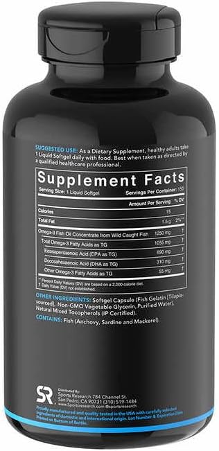 Sports Research Triple Strength Omega 3 Fish Oil - Burpless Fish Oil Supplement w/EPA & DHA Fatty Acids from Wild Caught Fish - Heart, Brain & Immune Support for Men & Women - 1250 mg, 150 ct Sports Research buy supplements Au