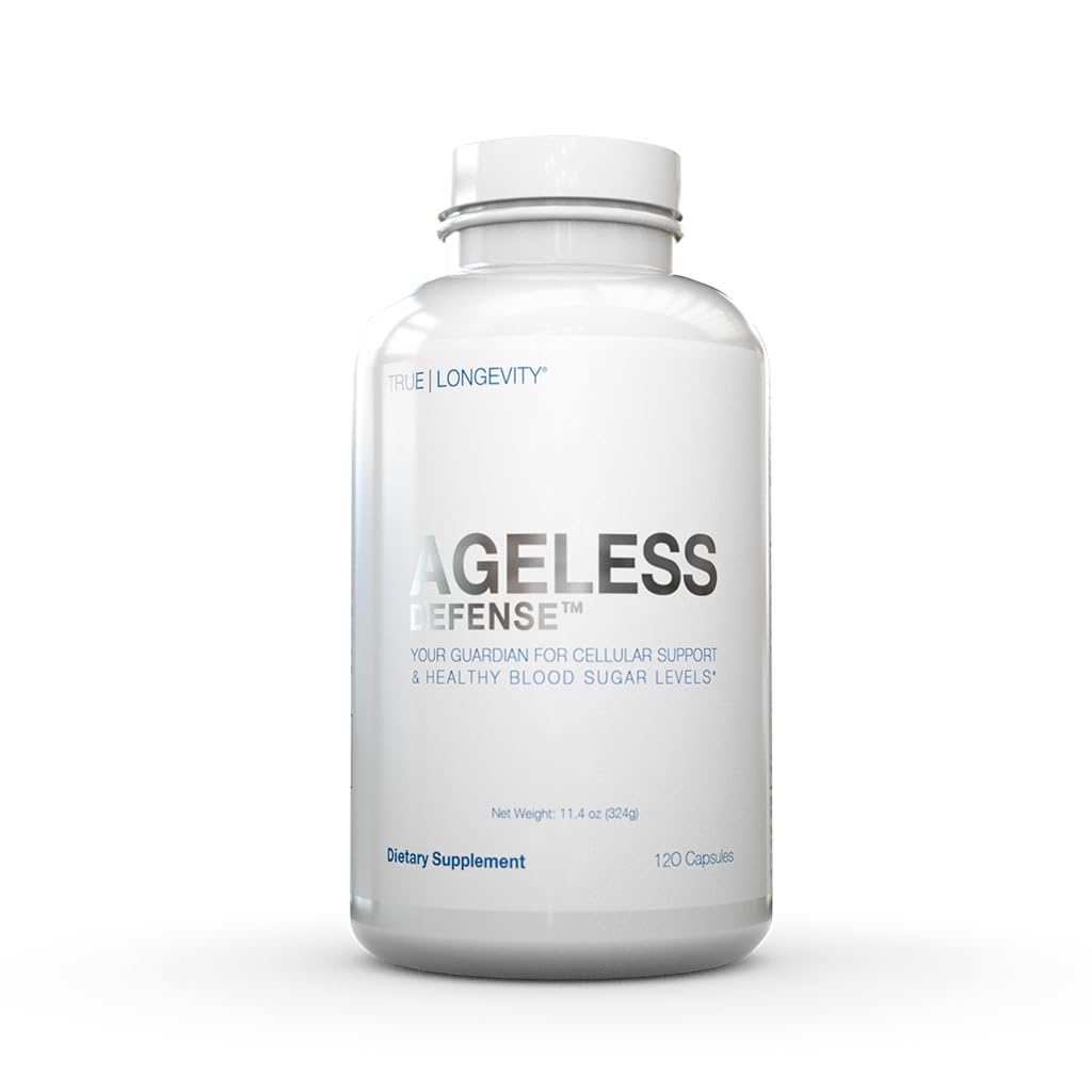 Supplement bottle labeled 'Ageless Defense' on a white background