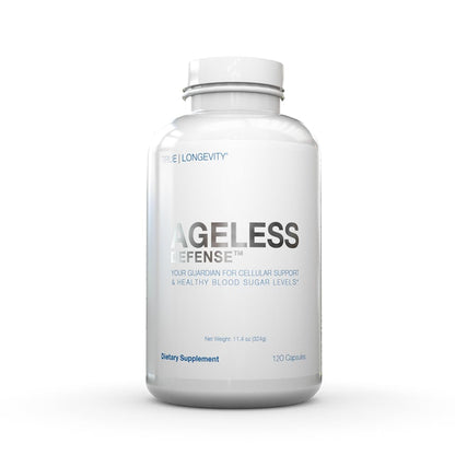 Supplement bottle labeled 'Ageless Defense' on a white background