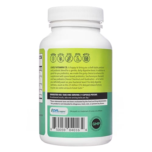 LIVELY VITAMIN CO. Great Guts Probiotic - 25 Billion CFU Probiotic - Balance Gut Microbiome, GI Tract, Inflammation, Indigestion, Reflux, Upset Stomach, & Diarrhea - 90 Caps LIVELY VITAMIN CO buy supplements Au