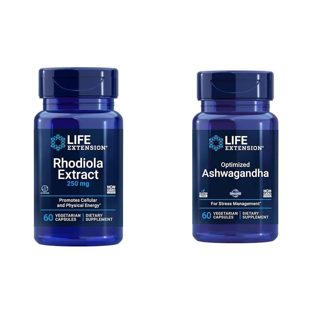 Life Extension Rhodiola and Ashwagandha Extract Bundle, Rhodiola rosea and ashwagandha Supplements, 60 Capsules Each Life Extension buy supplements Au