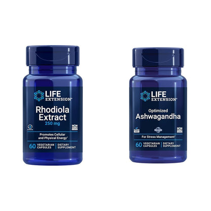 Life Extension Rhodiola and Ashwagandha Extract Bundle, Rhodiola rosea and ashwagandha Supplements, 60 Capsules Each Life Extension buy supplements Au