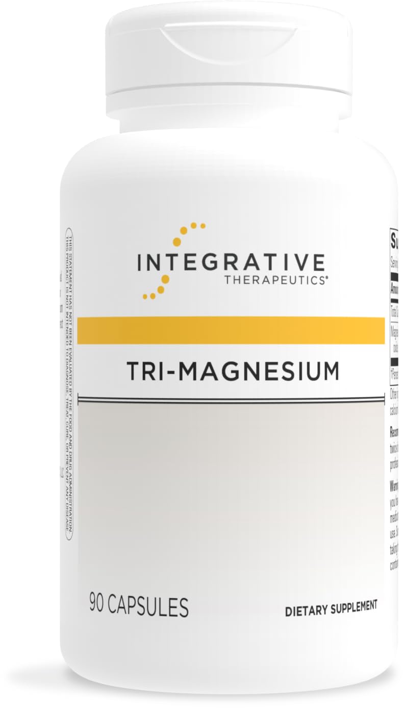 Supplement bottle labeled 'Tri-Magnesium' by Integrative Therapeutics on a white background