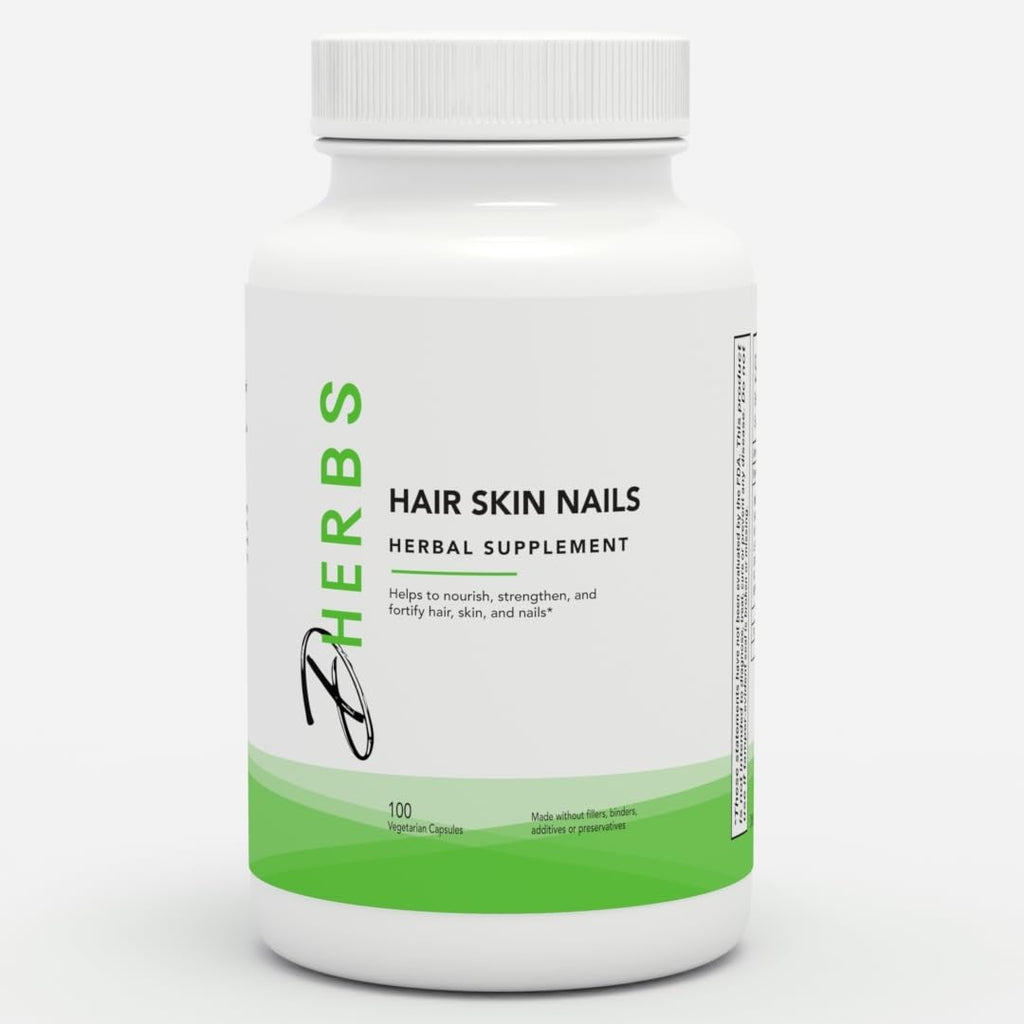 Herbal supplement bottle labeled 'Hair Skin Nails' on a white background