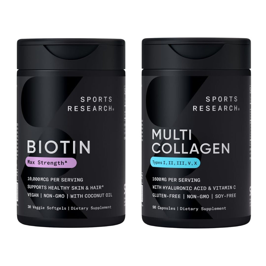 Sports Research® Healthy Hair Essentials - Biotin 10,000mcg with Organic Coconut Oil Vitamin B7 for Healthy Skin and Hair Support + Multi Collagen Pills Peptides with Hyaluronic Acid & Vitamin C Sports Research buy supplements Au