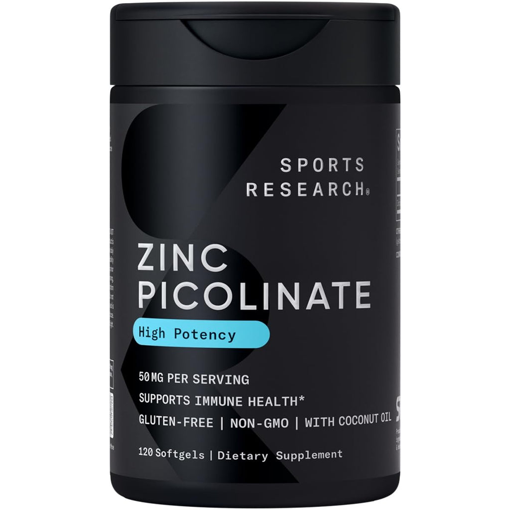 Sports Research High Potency Zinc Picolinate 50mg with Organic Coconut Oil | Highly Absorbable Zinc Supplement for Healthy Immune & Enzyme Function - Non-GMO Tested & Gluten-Free (120 Liquid Softgels) Sports Research buy supplements Au