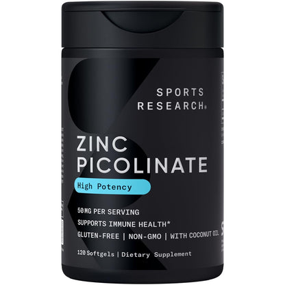 Sports Research High Potency Zinc Picolinate 50mg with Organic Coconut Oil | Highly Absorbable Zinc Supplement for Healthy Immune & Enzyme Function - Non-GMO Tested & Gluten-Free (120 Liquid Softgels) Sports Research buy supplements Au