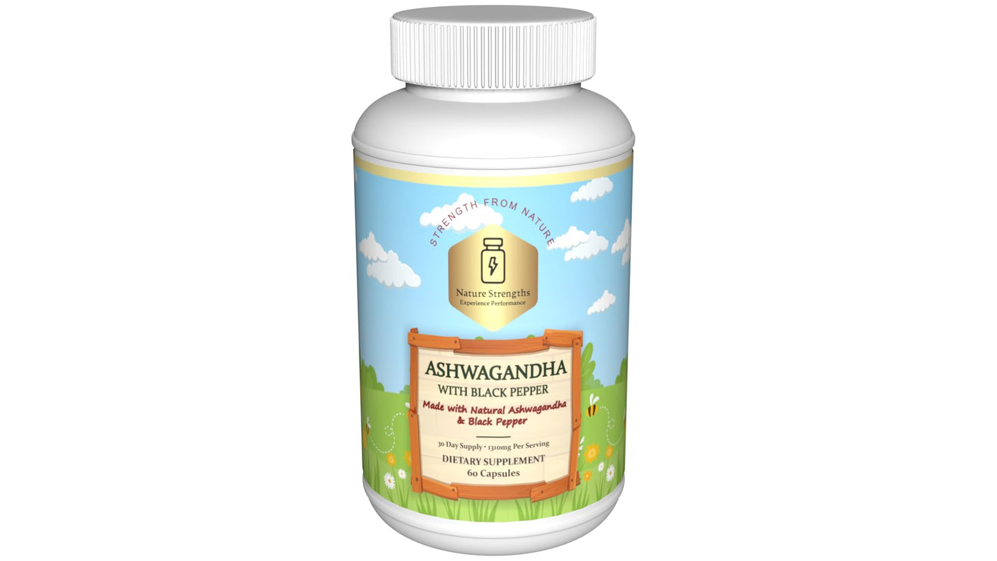 Supplement bottle labeled 'Ashwagandha' on a white background