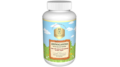 Supplement bottle labeled 'Ashwagandha' on a white background