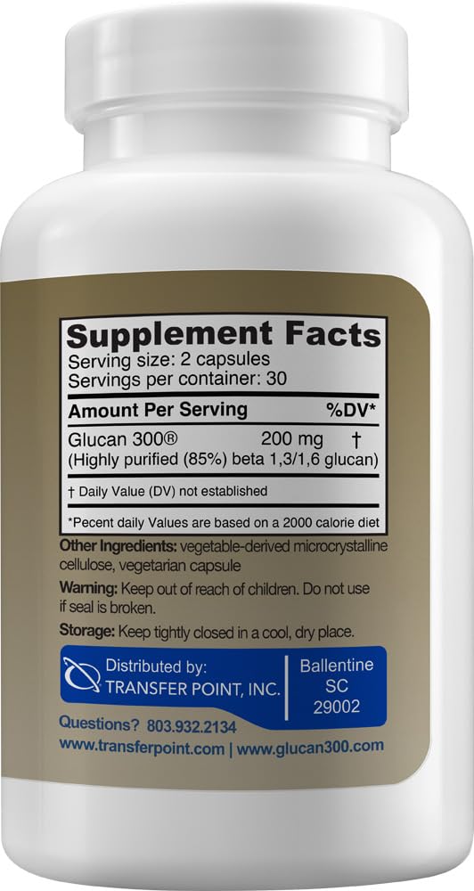 Transfer Point Yeast-Derived Beta 1,3D Glucan (1,3/1,6 B-Glucans) 200mg, Minimum 85% Beta Glucan Content, Non-GMO, Vegetarian, All-Natural Immune Support, 60 Capsules Transfer Point buy supplements Au