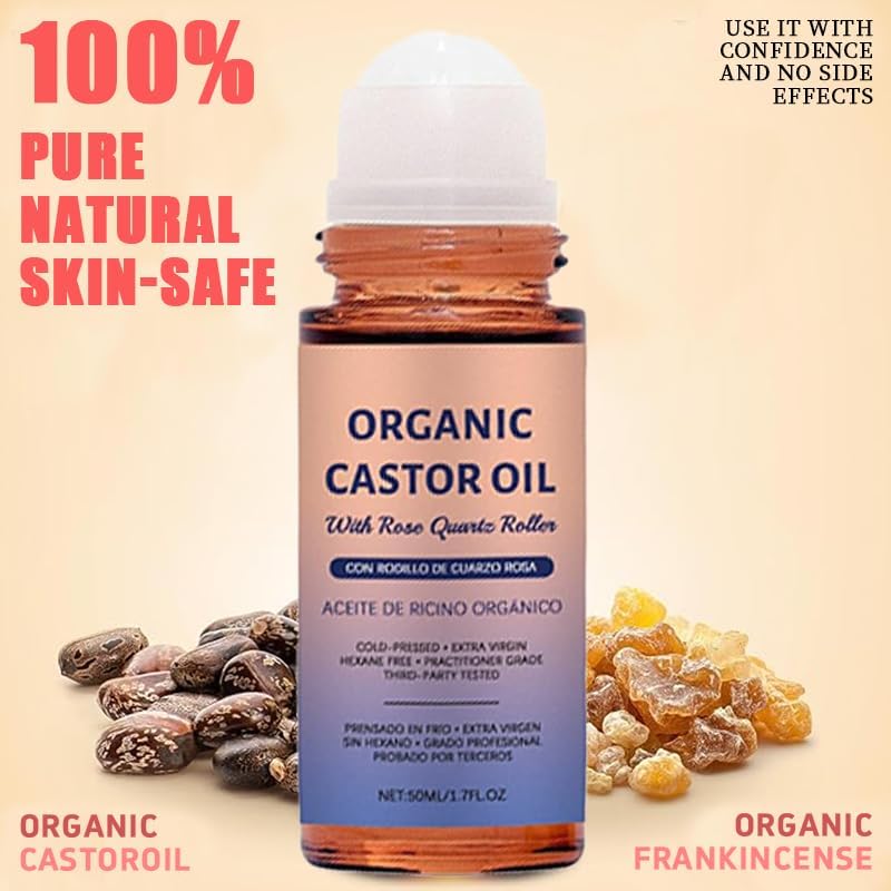 Organic Castor Oil with Rose Quartz Roller, Cold-Pressed Pure Organic Castor Oil Roller Ball for Hair Growth, Eyelashes, Eyebrows & Skin, 1.7 fl oz(1) Olavita SerumBuy Supplements Australia