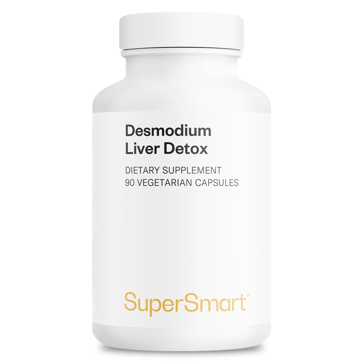 Supplement bottle labeled 'Desmodium Liver Detox' by SuperSmart on a white background