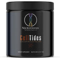 Black supplement container labeled 'NucleoGenex CellTides Cocoa Nucleotide Mix' on a white background