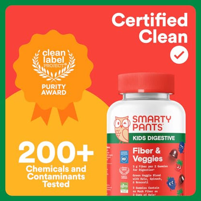 SmartyPants Kids Fiber & Veggies: Prebiotic Fiber Gummies for Kids, Fiber Supplement with Inulin, Organic Green Veggie Blend, Vegan, Gluten Free