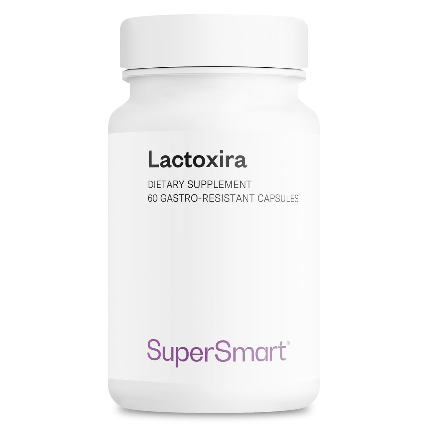 White supplement bottle labeled 'Lactoxira' by SuperSmart on a white background