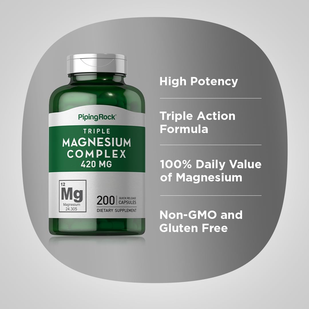Piping Rock Triple Magnesium Complex | 420 mg | 200 Capsules | Magnesium Oxide, Citrate, and Aspartate Supplement | Non-GMO, Gluten Free Piping Rock buy supplements Au