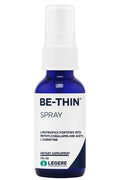 Blue spray bottle labeled 'BE-THIN SPRAY' with white cap on a white background