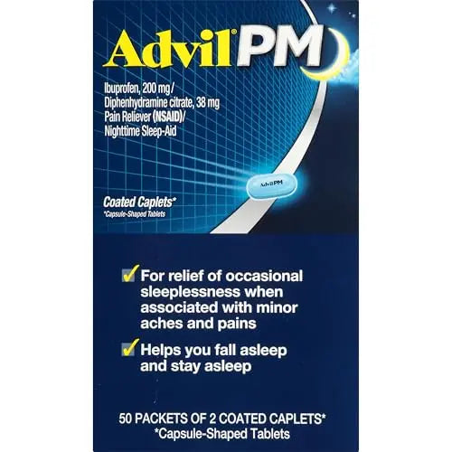 Advil PM Pain Reliever and Nighttime Sleep Aid, Pain Medicine with Ibuprofen for Pain Relief and Diphenhydramine Citrate for a Sleep Aid - 50x2 Coated Caplets AdvilBuy Supplements Australia