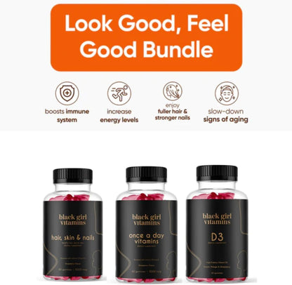 Black Girl Vitamins Look Good Feel Good Bundle – Hair Skin & Nails, Vitamin D3 2000IU & Once a Day Multivitamin - Women's Supplement Bundle