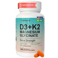 Supplement bottle labeled 'D3+K2 Magnesium Glycinate' by Therexa on a white background