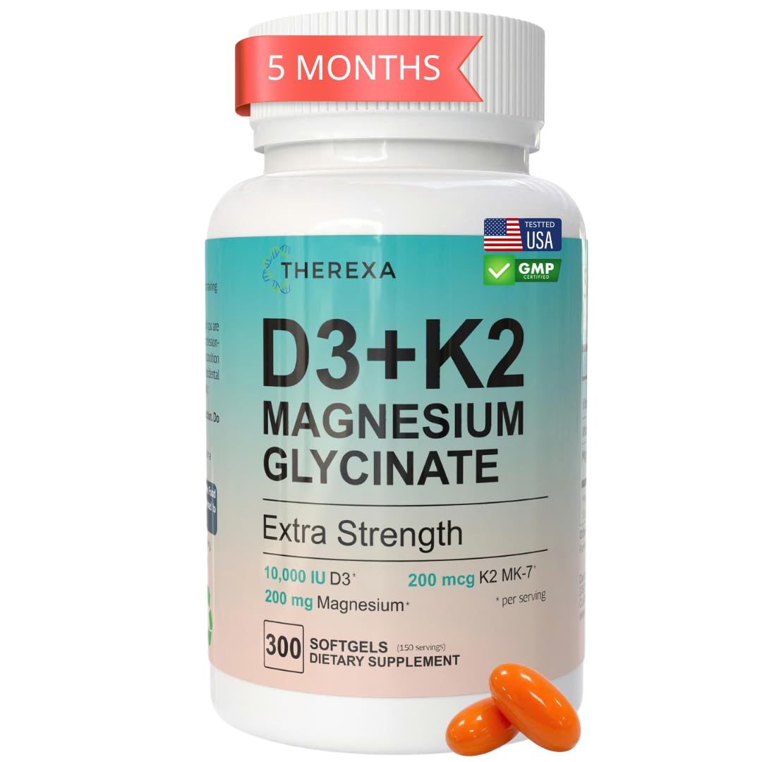 Supplement bottle labeled 'D3+K2 Magnesium Glycinate' by Therexa on a white background