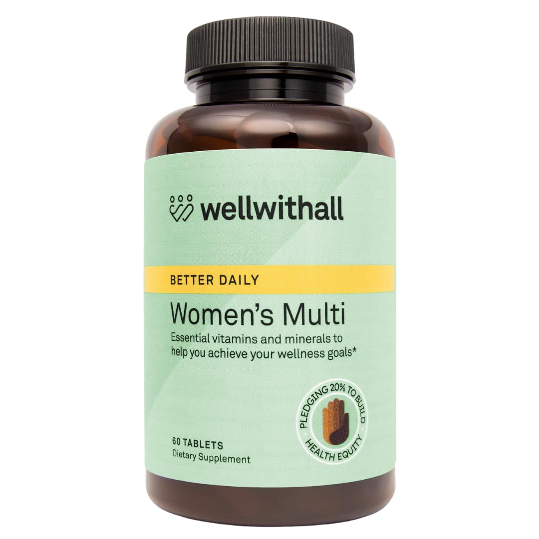 Bottle of wellwithall Women's Multi vitamins on a white background