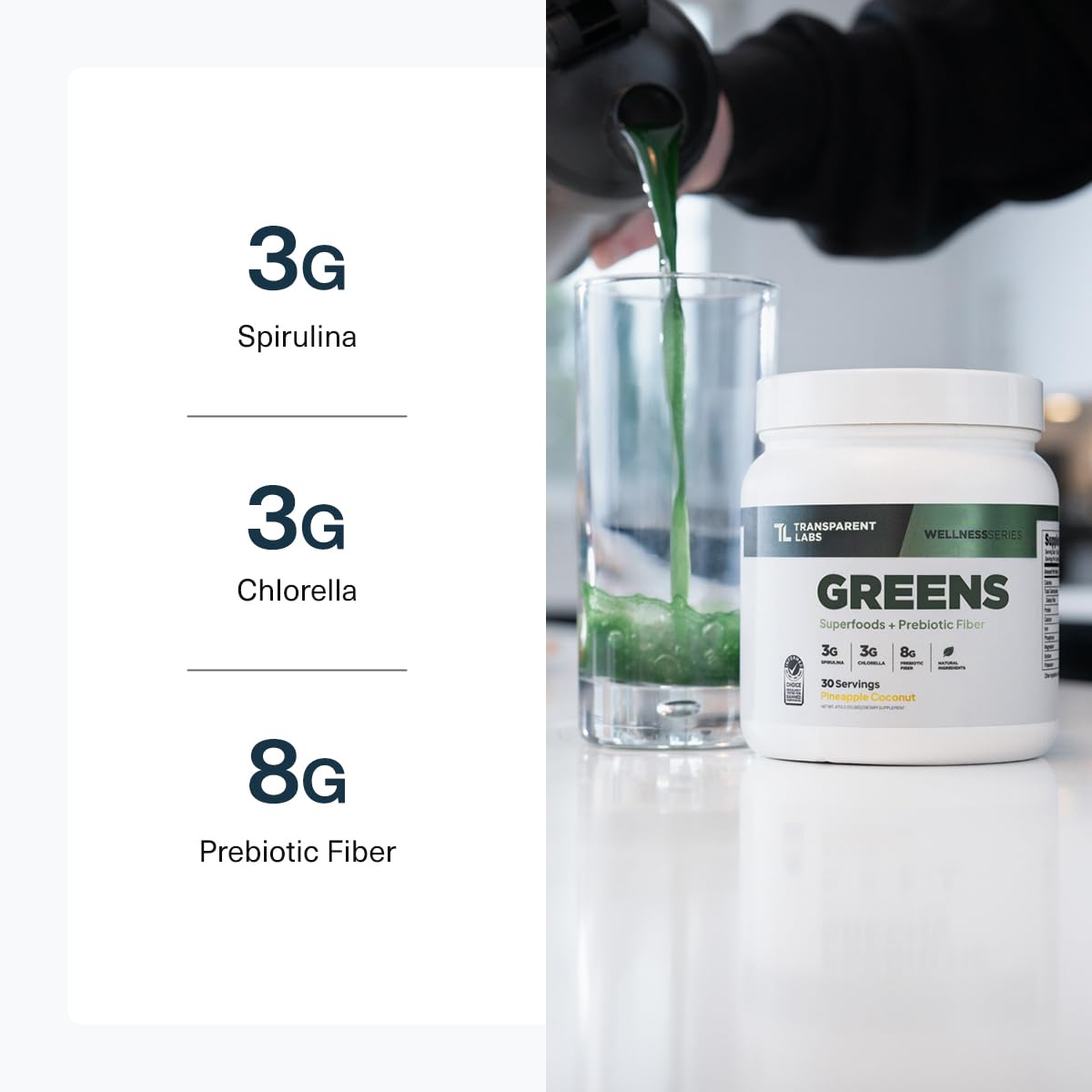 Transparent Labs Prebiotic Greens - Superfood Powder & Antioxidants Supplement with Organic Spirulina, Chloerra, Acacia, & Green Banana Powder - 30 Servings, Unflavored
