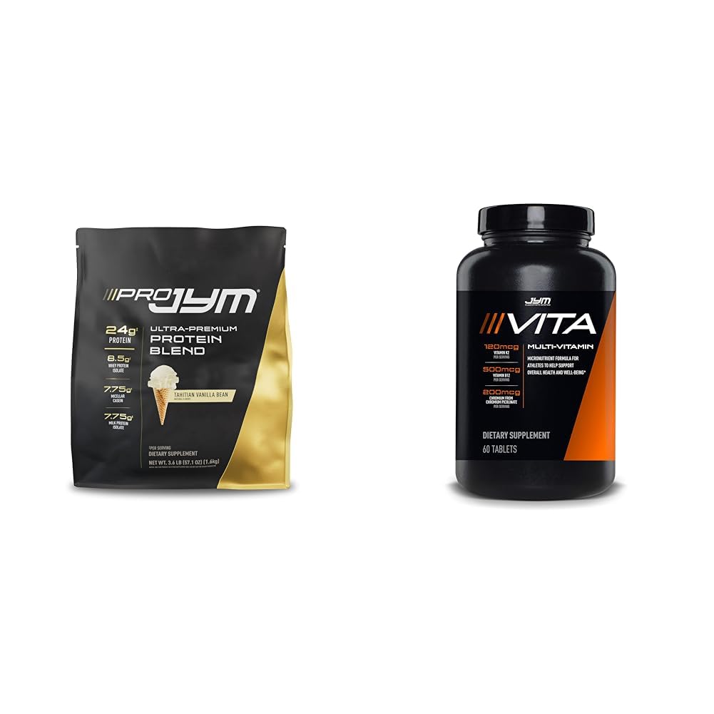 Protein powder package and multivitamin bottle on a white background