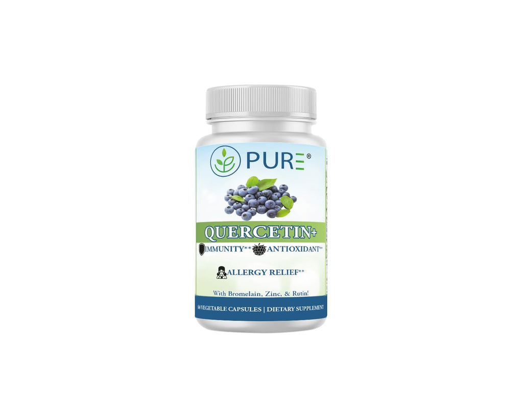 Bottle of Pure Quercetin supplement on a white background