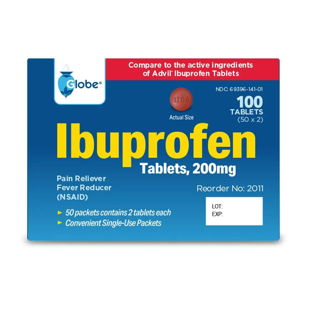 Globe Ibuprofen Tablets, 200 mg, Pain Reliever and Fever Reducer, for Headache, Muscular Aches, Arthritis, Backache and More 50 Packets of 2 Tablets Each,100 Tablets Trifecta Pharmaceuticals USABuy Supplements Australia