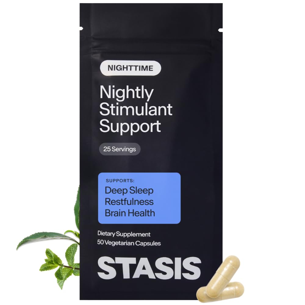 Stasis Nightly Stimulant Support supplement package with capsules on a white background