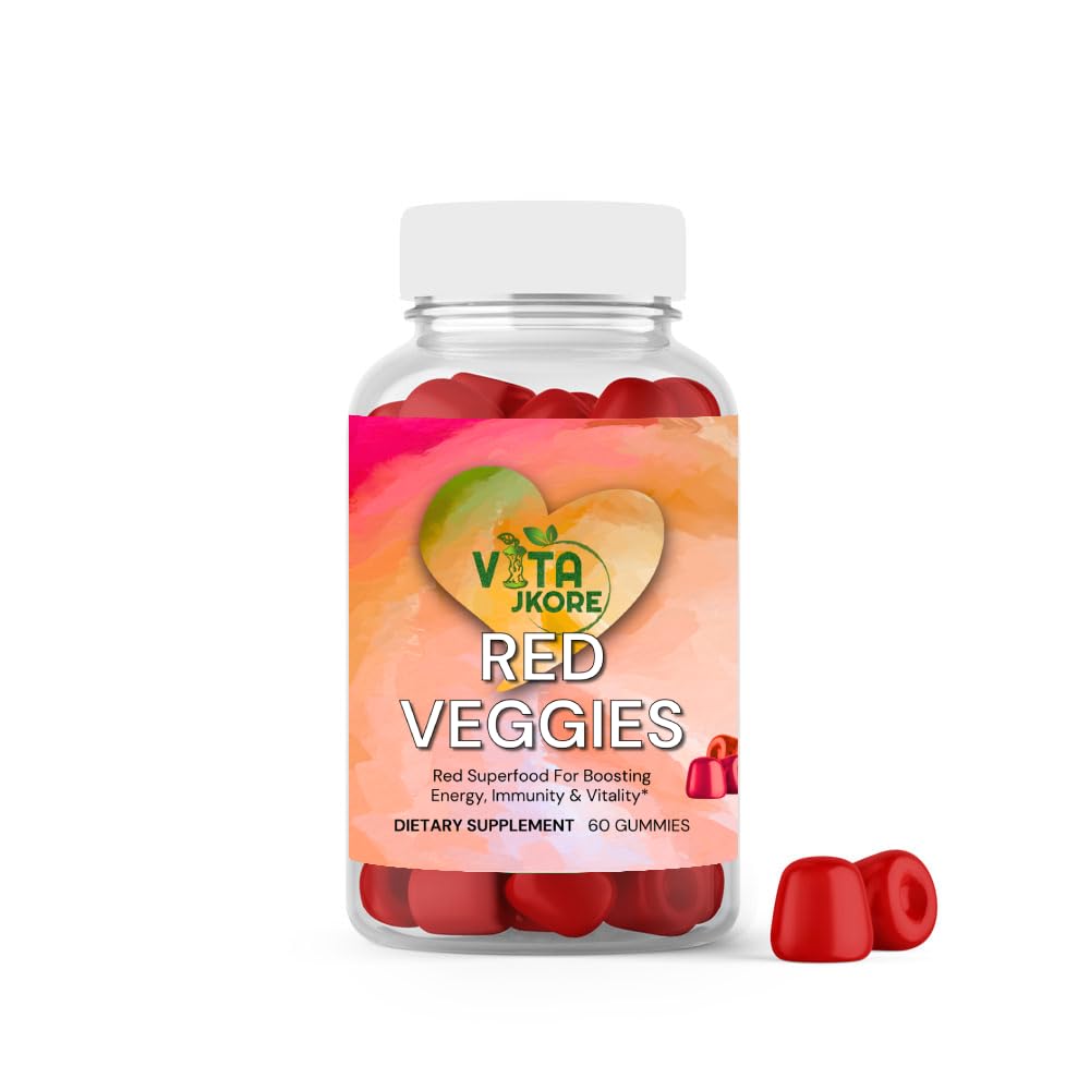 Bottle of Vita Jkore Red Veggies gummy vitamins on a white background
