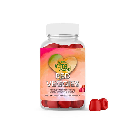 Bottle of Vita Jkore Red Veggies gummy vitamins on a white background