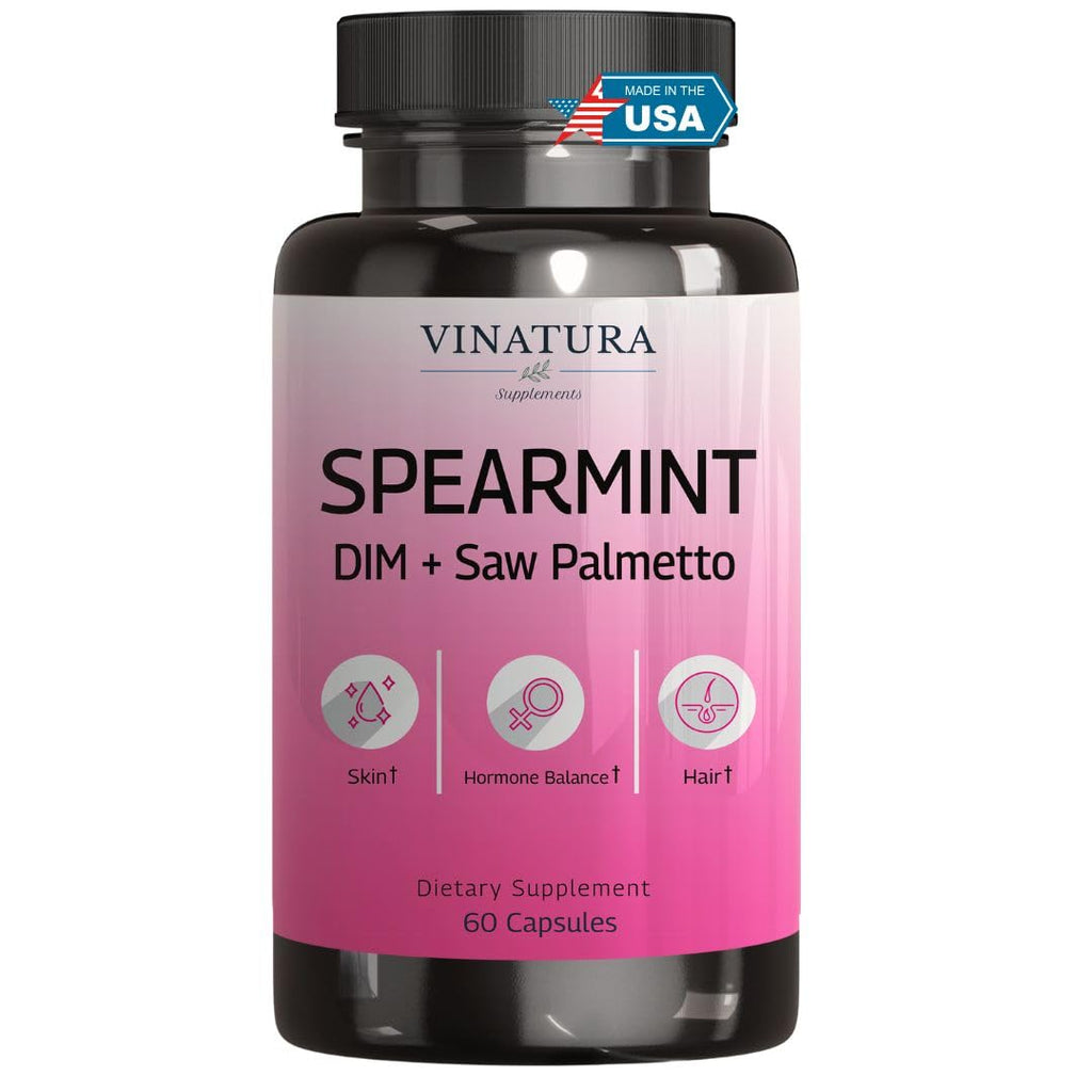 VINATURA Spearmint Leaf Capsules Supplement - Enhanced with DIM & Saw Palmetto, for Unwanted Hair, Women' Health & Skin *USA Made & Tested* - 1380mg/serving, 60 Capsules (30 Servings) VINATURABuy Supplements Australia
