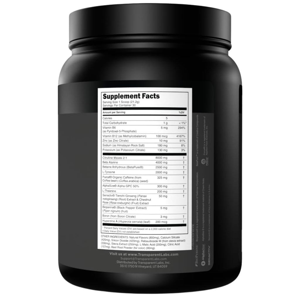 Transparent Labs Bulk Black Pre Workout - Clinically Dosed, Sugar Free Preworkout for Men and Women with Beta Alanine Powder, Citrulline Malate