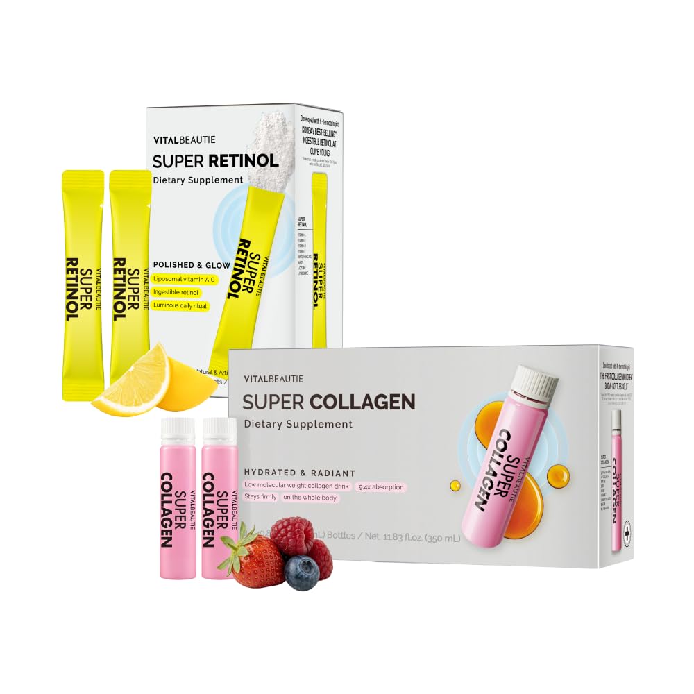 Supplement products including Super Retinol and Super Collagen on a white background