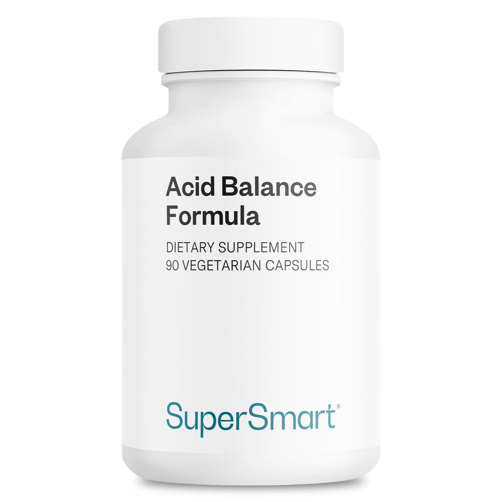 Supplement bottle labeled 'Acid Balance Formula' by SuperSmart on a white background